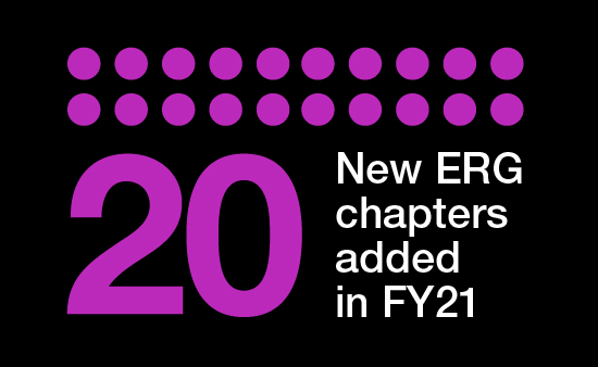 Infographic thumbnail showing text that reads "20 New ERG chapters added in Fiscal Year 2021"